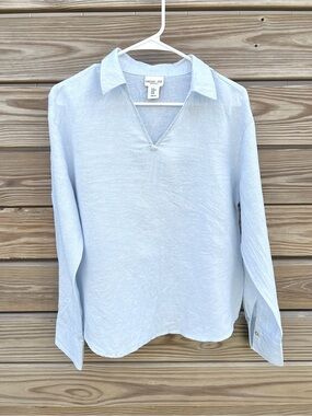 Rachel Zoe Blue 100% Linen V-Neck Collar Pullover Top Long Sleeve Women’s SZ M